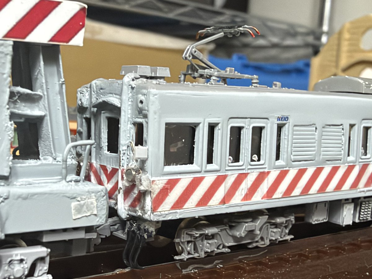 Ketama8001's tweet photo. #けーたま重機整備 
デワ600+チキ290 落成…！！
GMキットの京王6000系から製作。
チキが少しオーバースケールですが、それっぽくなったかなーと。
こちらも床下を正規化、中間運転台ももちろん設置しています。
改良点はまだまだありますが、ひとまず形になりました。 https://t.co/4B5Zp43e9c