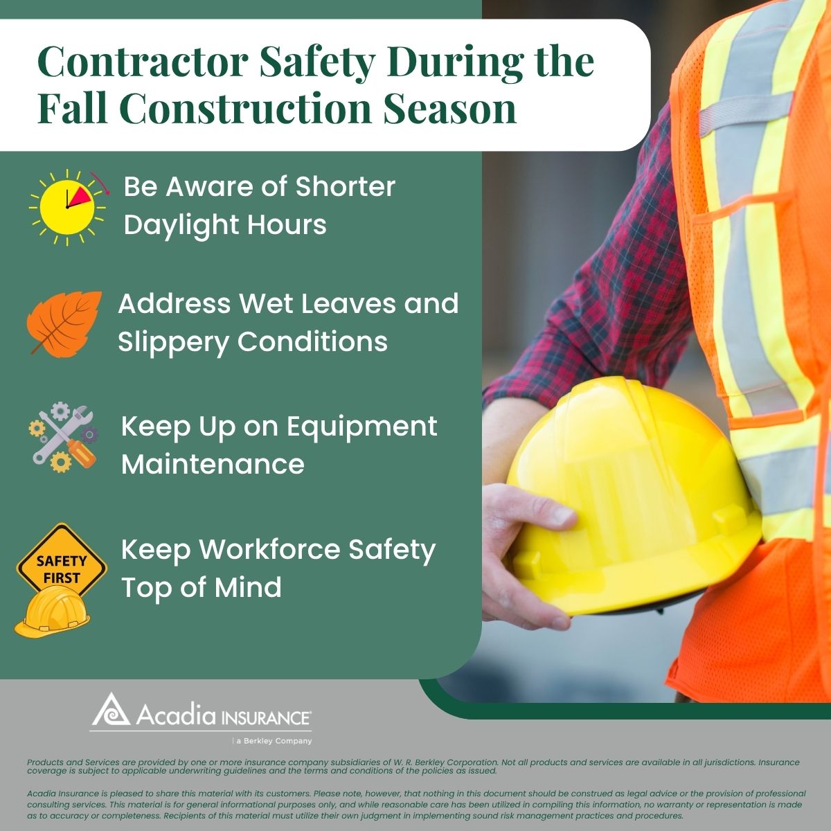 AcadiaInsurance's tweet photo. Busy fall construction schedules can create added safety risks on the job site. Are your crews prepared?

Check out our latest blog for safety tips to help contractors reduce risks, protect employees, and keep projects moving this season: https://t.co/axI8b13VAj https://t.co/sqpcRvI3w4
