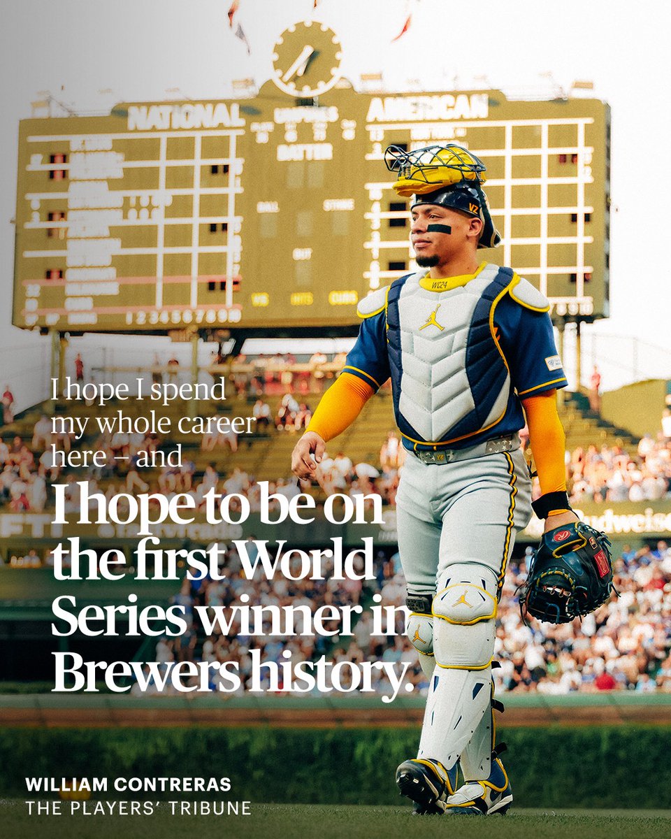 PlayersTribune's tweet photo. Since becoming a Brewer, William Contreras has fully embraced Milwaukee: “Three years ago, my agent calls and tells me, ‘Atlanta traded you.’ I told him: ‘Trade me back.’ I’m like, ‘MILWAUKEE?! OK. Nobody talk to me.’ Nah — it’s just crazy to be traded like that. Crazy. I barely understood what a trade means. But what choice do you have? So I try to accept it. I try to think, William. Be honest. What you KNOW about Milwaukee? Yes, for a Venezuelan kid, and even just coming from Atlanta, it’s a different world, a different culture. But then I get here, and I get to know things.… It’s an amazing place. The organization, the fans, it’s such a great baseball city. Funny how it changes. Now if I think about that trade, I got lucky....

OK — so there is this saying in football (‘soccer’ here). It goes: The ball is round. And what it means is: The game is unpredictable. For example, say it’s the offseason. Teams are making moves. Huge trades, huge signings. Sure. But here’s the thing. It’s only the offseason. Once the real season starts, once the ball starts bouncing? ANYTHING can happen. Most times, it bounces in favor of the big cities. Teams with the biggest investments, the biggest talent. But sometimes it doesn’t. Sometimes, the ball just bounces another way. You can’t explain it, can’t predict it, can’t pay for it … you can only go out there and play. It’s just a ball, you know what I’m saying?? The ball is round....

It’s funny … I still have a little regret, years later, for being rude to my agent about the trade. ‘MILWAUKEE?!’ Wow. What a wrong way to react. Now, I hope I spend my whole career here — and I hope to be on the first World Series winner in Brewers history. It’ll happen, I bet. It’s like Bob [Uecker] always said: ‘No one better than you.’ Well actually, Bob, probably some are better than me! I’m not the best. None of our group is. But if you’re telling me another team is the best??? Man, I swear. I haven’t seen them. No one better than Milwaukee right now. No one better than US.” https://t.co/vmnVU6McVb

@Wcontreras42 | @Brewers