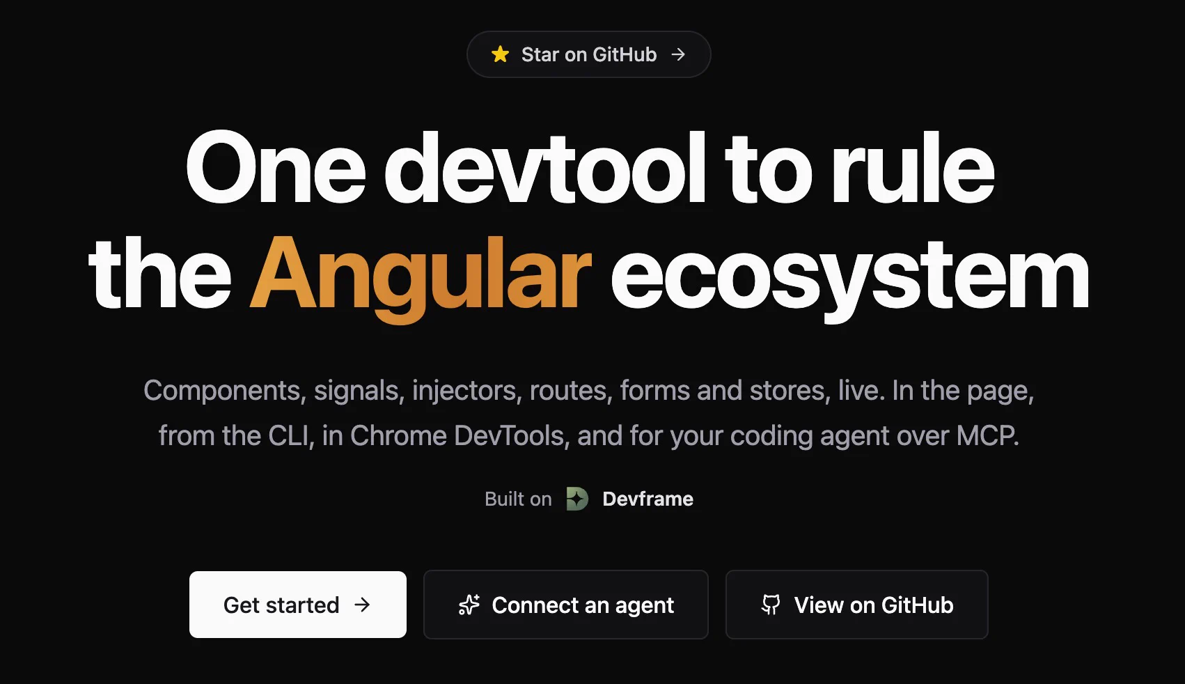Pangular Inspector home page: "One devtool to rule the Angular ecosystem". Components, signals, injectors, routes, forms and stores, live. In the page, from the CLI, in Chrome DevTools, and for your coding agent over MCP. Built on Devframe.