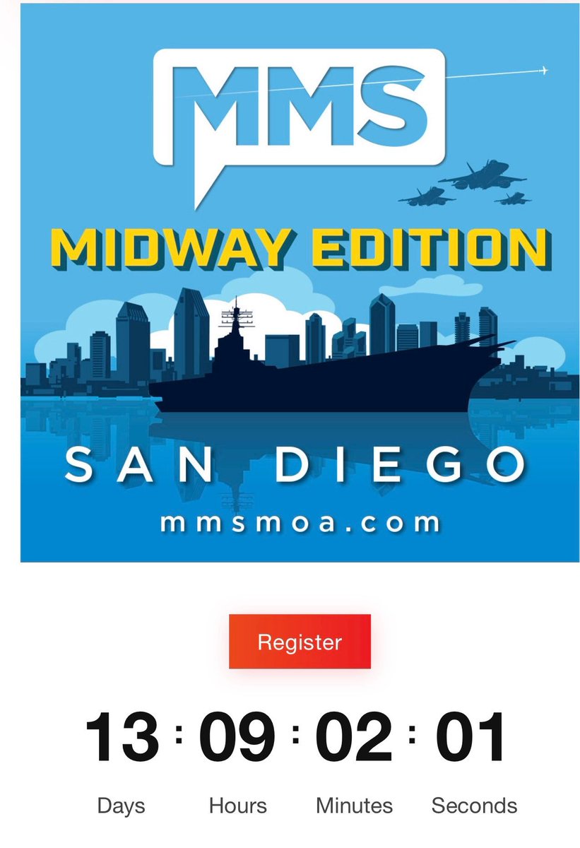 mmsmoa's tweet photo. It’s T-minus 13 days or Lucky Number 13 for #MMSMidway Conference. We can’t wait to see you there soon!

Register ASAP:
https://t.co/DUUXRA4WpO 
October 25-28

#MMSMOA #SanDiego #ITpros #MSIntune https://t.co/RNyxyY73ow