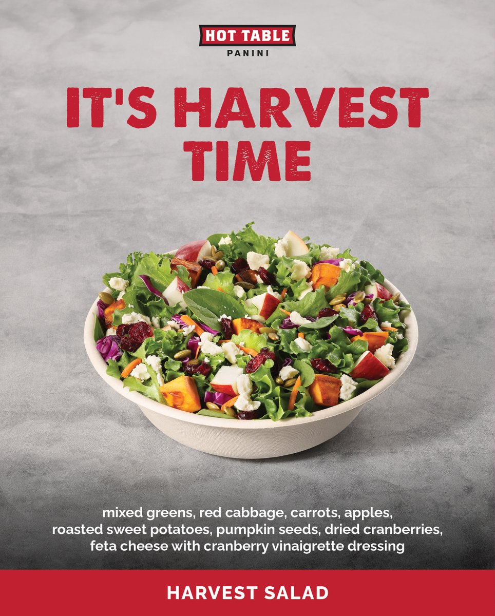 Hottable's tweet photo. Our Harvest Salad is back for a limited time. Mixed greens, roasted sweet potatoes, crisp apples, red cabbage, carrots, pumpkin seeds, dried cranberries, and feta, finished with cranberry vinaigrette. Get it while the leaves are still turning.

#HotTable #HarvestSalad #Fall https://t.co/U0BGPflUu8