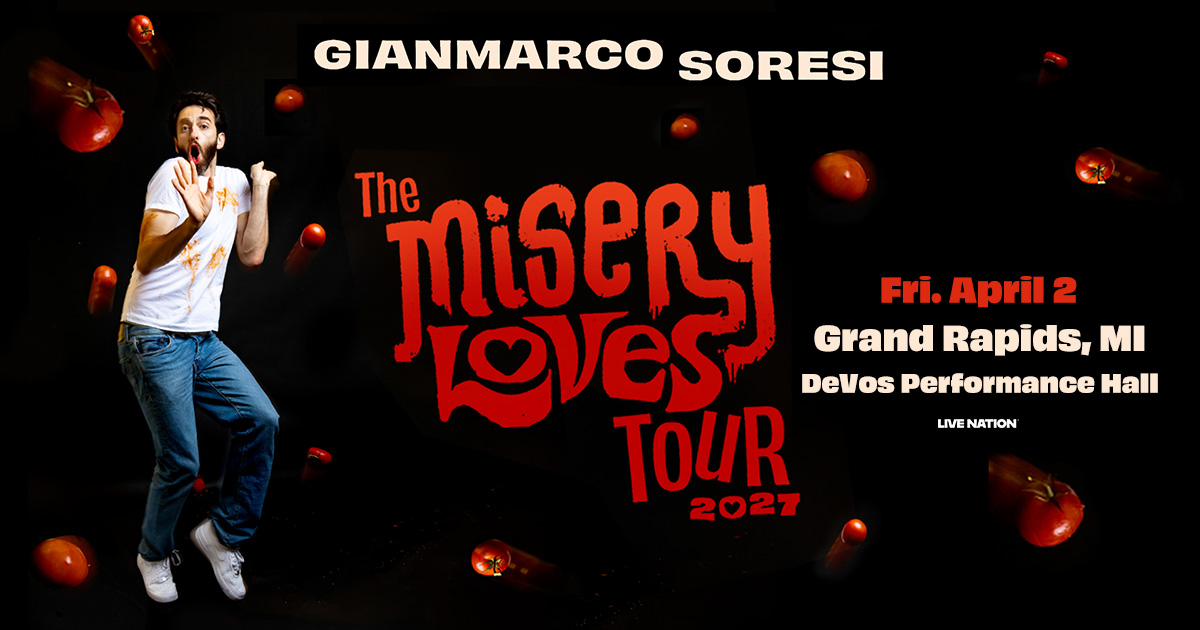 DeVosPerfHall's tweet photo. JUST ANNOUNCED! @GianmarcoSoresi is bringing The Misery Loves Tour to #DeVosHall on April 2! Tickets on sale Friday, Oct 16th @ 10AM local. https://t.co/ZhLjZeKboz