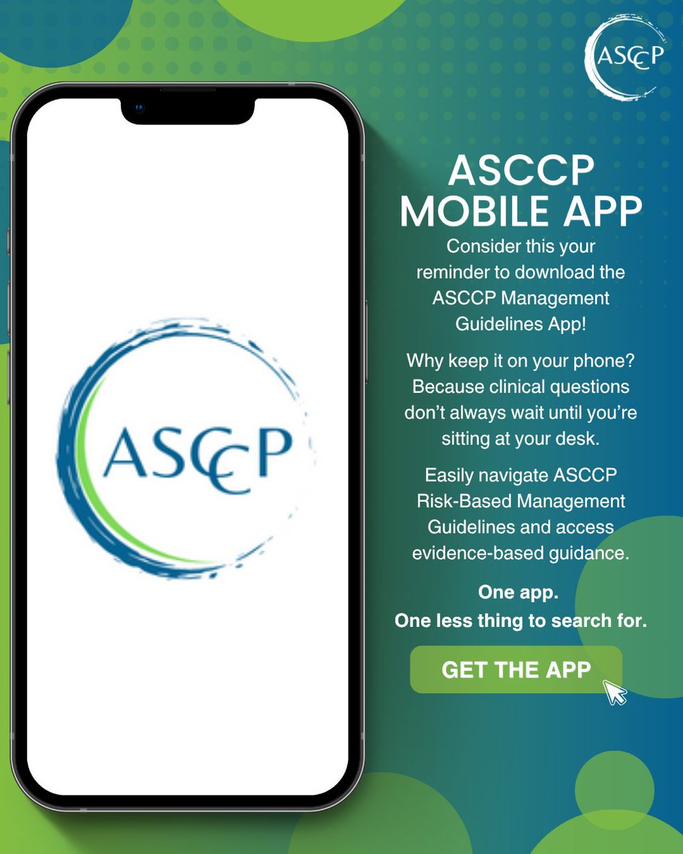 ASCCP's tweet photo. 📲 Your clinical questions don’t always wait! Keep the ASCCP Management Guidelines App at your fingertips for quick, evidence-based guidance based on the Risk-Based Management Consensus Guidelines. One app, one less thing to search for. 🔬 https://t.co/i8u81KGe7D #ASCCP https://t.co/3TtLX8SYr1