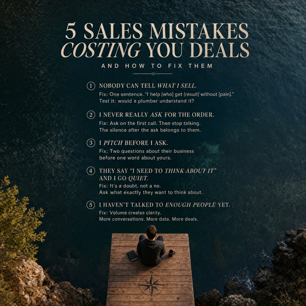ThorstenDembski's tweet photo. You're not losing sales because of your product.

You're losing them because of one of these 5 things.

A. Nobody can tell what I sell.

Fix: One sentence. "I help [who] get [result] without [pain]." Test it: would a plumber understand it?

B. I never really ask for the order.

Fix: Ask on the first call. Then stop talking. The silence after the ask belongs to them.

C. I pitch before I ask.

Fix: Two questions about their business before one word about yours.

D. They say "I need to think about it" and I go quiet.

Fix: It's a doubt, not a no. Ask what exactly they want to think about.

E. I haven't talked to enough people yet.

Fix: Count your real sales conversations this week. If the number is 0 to 3, that's your problem. Not your product.

Be honest. Pick the one that hurts.

Comment the letter 👇

I'll reply to every one with what to fix first.