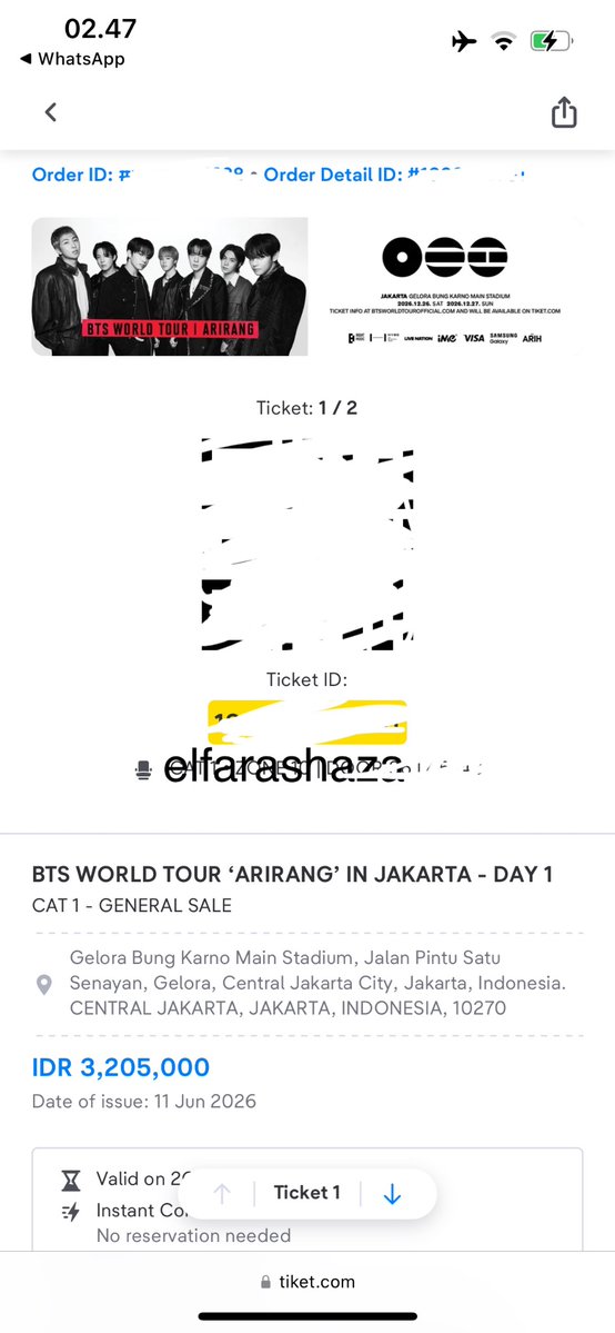 simpoverlhc's tweet photo. WTS tiket bts arirang jakarta
cat 1 day 1 (2 tix) 
4,3 (harga dari jaswar) (negotiable) 
reason mau ganti hari

#wts #zonauang https://t.co/ODJpj9nqIu