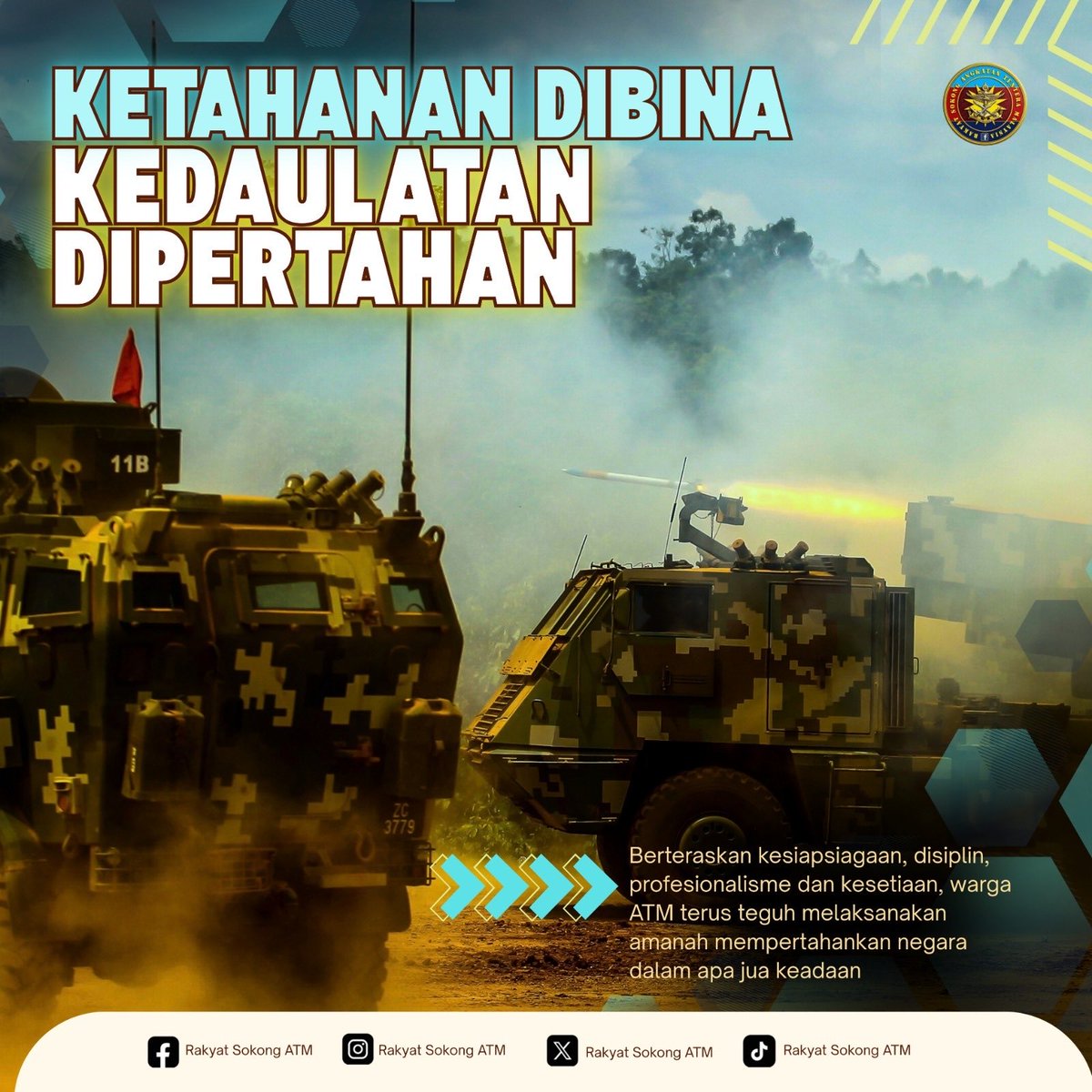 RakyatSATM's tweet photo. Ketahanan dibina, kedaulatan dipertahankan. Bersama warga ATM yang sentiasa bersiap siaga demi keselamatan dan keamanan tanah air tercinta. ๐ฒ๐พ๐ช #RakyatSokongATM #DemiNegara #ATM https://t.co/D2dfkr72RL