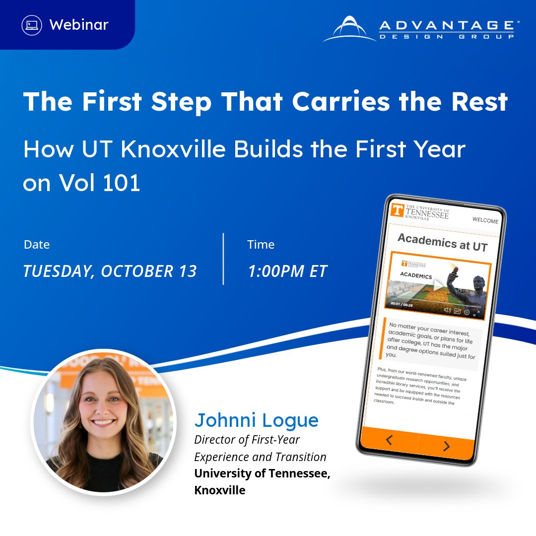 AdvantageDesign's tweet photo. Every student deserves an orientation experience designed with them in mind.

Join us and Johnni Logue for a complimentary webinar in partnership with #NODA tomorrow at 1PM ET to hear how @UTKnoxville built an #orientation that serves every student population before they arrive on campus.

Register 👉 https://t.co/eERNQzUKiY