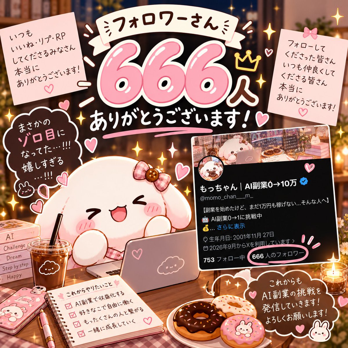momo_chan___m_'s tweet photo. えぇっ！！フォロワーさん666人！？😳✨

まさかのゾロ目になってた😭🙌😊

フォローしてくださった皆さん、
いつも仲良くしてくださる皆さん、
本当にありがとうございます💕

AI副業0→1を目指して挑戦中だけど、
こうして繋がりが増えていくのも嬉しいです🥹

収益もこれから！
ここからもっと頑張るぞ〜🔥👊

ここだけの話…実はゾロ目投稿してみたかったので、三連休の締めくくりにできて良かったです☺️

次は777人かな？😎✨