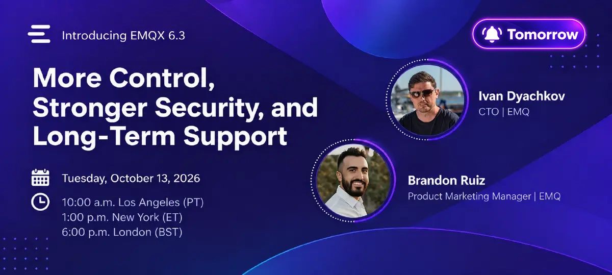 EMQTech's tweet photo. Our #webinar on #EMQX Enterprise 6.3 is happening tomorrow! We’ll explore Feature Gates, stronger security defaults, finer operational controls, and performance improvements designed for production workloads. Register today to explore the release: https://t.co/L1kMLqwo0I 

#MQTT https://t.co/jHRQFouHX9