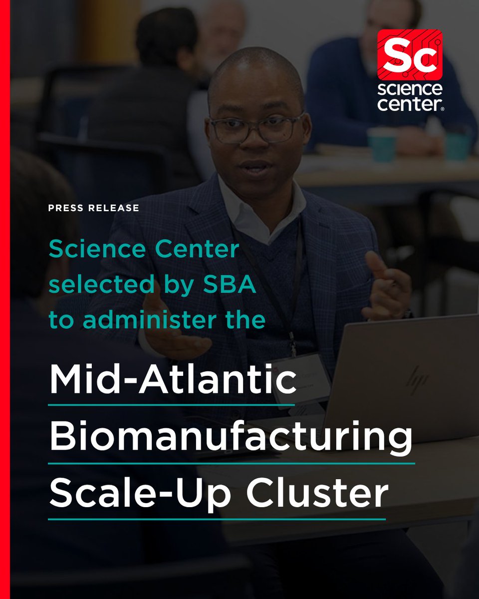UCScienceCenter's tweet photo. Big news for biomanufacturing: the U.S. Small Business Administration has selected the Science Center to administer the Mid-Atlantic Biomanufacturing Scale-Up Cluster (MABSC).

https://t.co/3z1zmJ8kPw https://t.co/GVS3HJfGRh