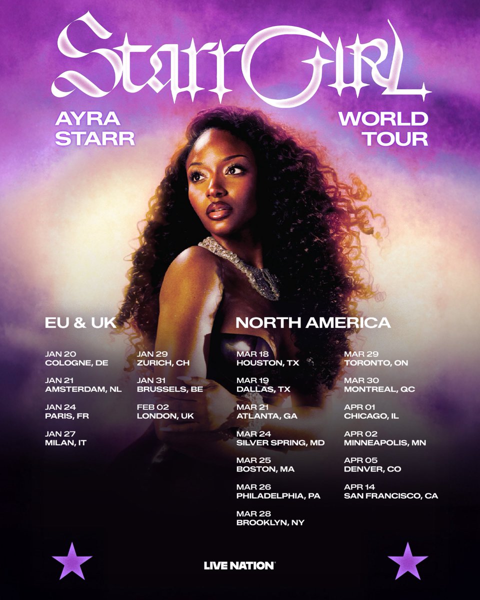 PopCrave's tweet photo. Ayra Starr announces the ‘Starrgirl World Tour’ for 2027. https://t.co/V9aI2L6IM0