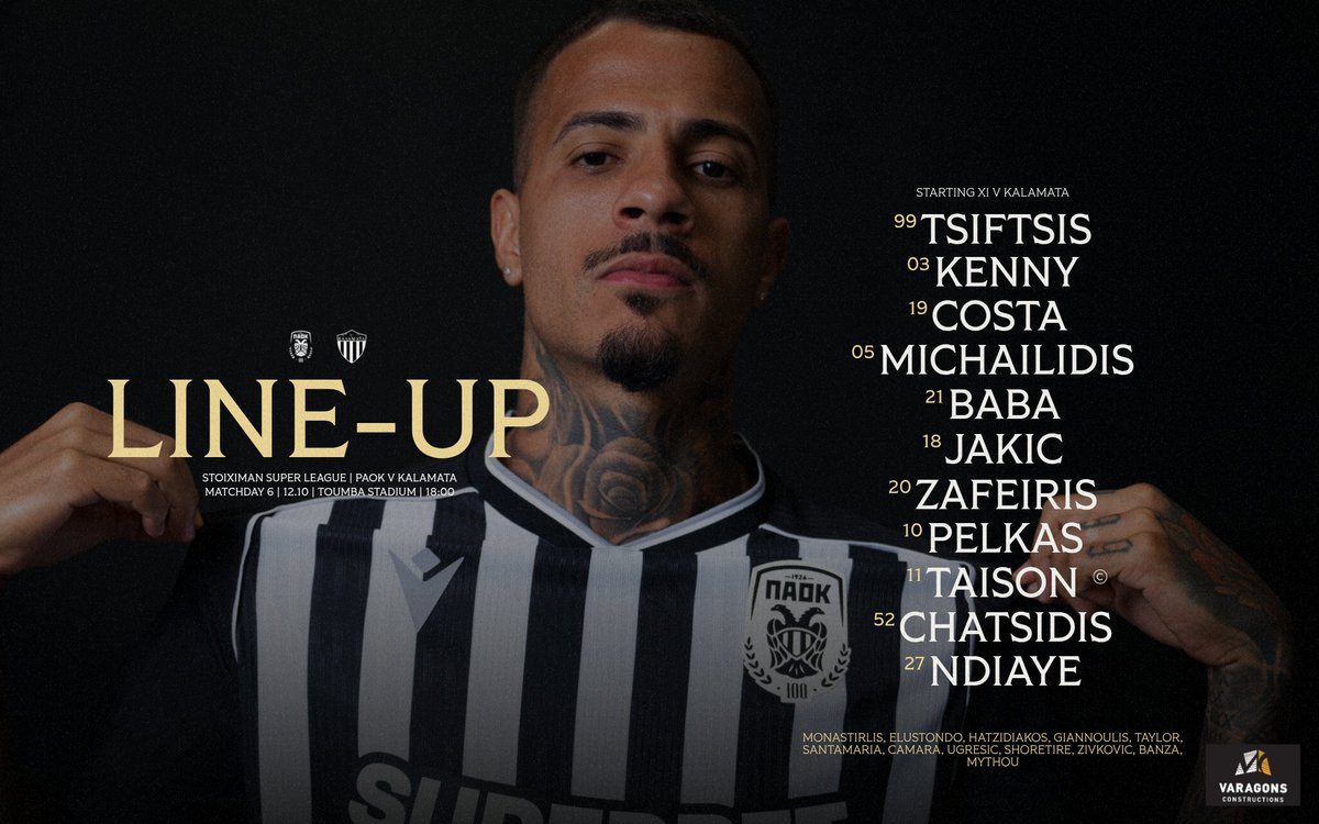 PAOK_FC's tweet photo. #Starting11 Η αρχική 11άδα της ομάδας μας για το παιχνίδι κόντρα στην Καλαμάτα στο γήπεδο της Τούμπας. #PreGame #PAOKKAL #StoiximanSuperLeague #slgr #NewEra #VaragonsConstructions https://t.co/LlmXmDjIXx