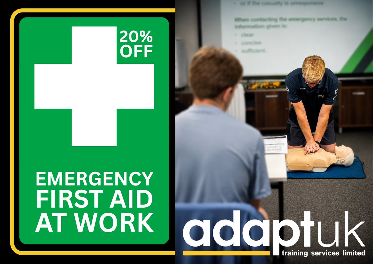 AdaptUKTraining's tweet photo. 🚨 LAST CHANCE TO SAVE 20% ON EMERGENCY FIRST AID AT WORK!

📅 Our final October course date is 26 October — and it’s your last chance to take advantage of 20% off!

🔗 Book here:
https://t.co/Oer8MLabo2

#FirstAidTraining #HealthAndSafety #EmergencyFirstAid #AdaptTraining https://t.co/w105hXuUmN