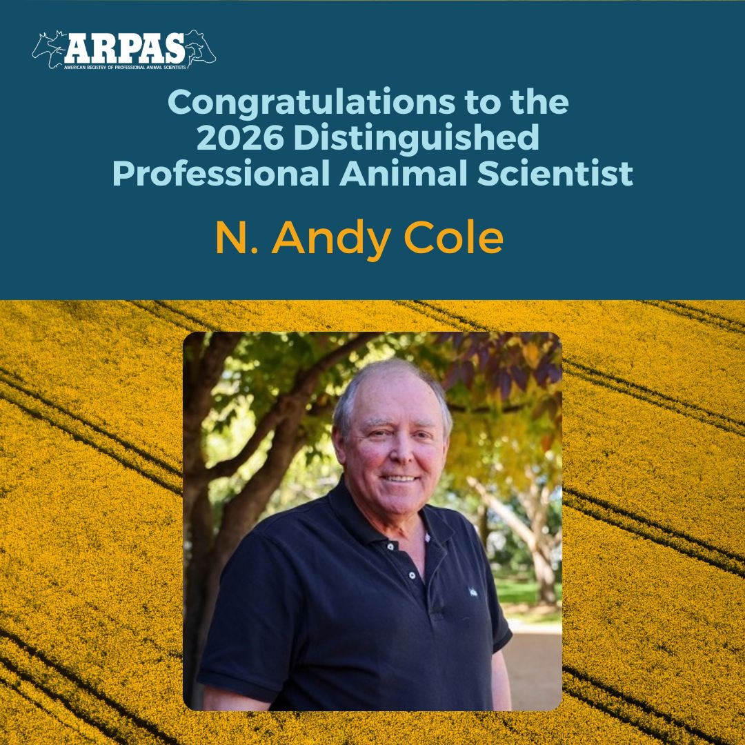 ARPAS_PAS's tweet photo. This year’s Distinguished Professional Animal Scientist has been awarded to N. Andy Cole! Join us in congratulating Dr. Cole for his many years of dedicated service to the community and the profession: 

https://t.co/4FLkFkKOCT https://t.co/yyRe1Li1G7
