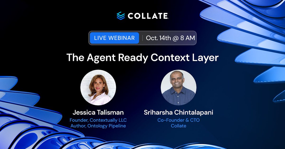 CollateData's tweet photo. 7.1x more accurate answers. 86% less compute.

Our own benchmarks, on our own testing.

Inference is where the errors and the token spend live.

@JessicaTalisman + @d3fmacro, Oct 14, 8am PT.

https://t.co/ZbgWNYcy39

#ContextLayer #AIforData #OpenMetadata https://t.co/ZAUdh9ooEB