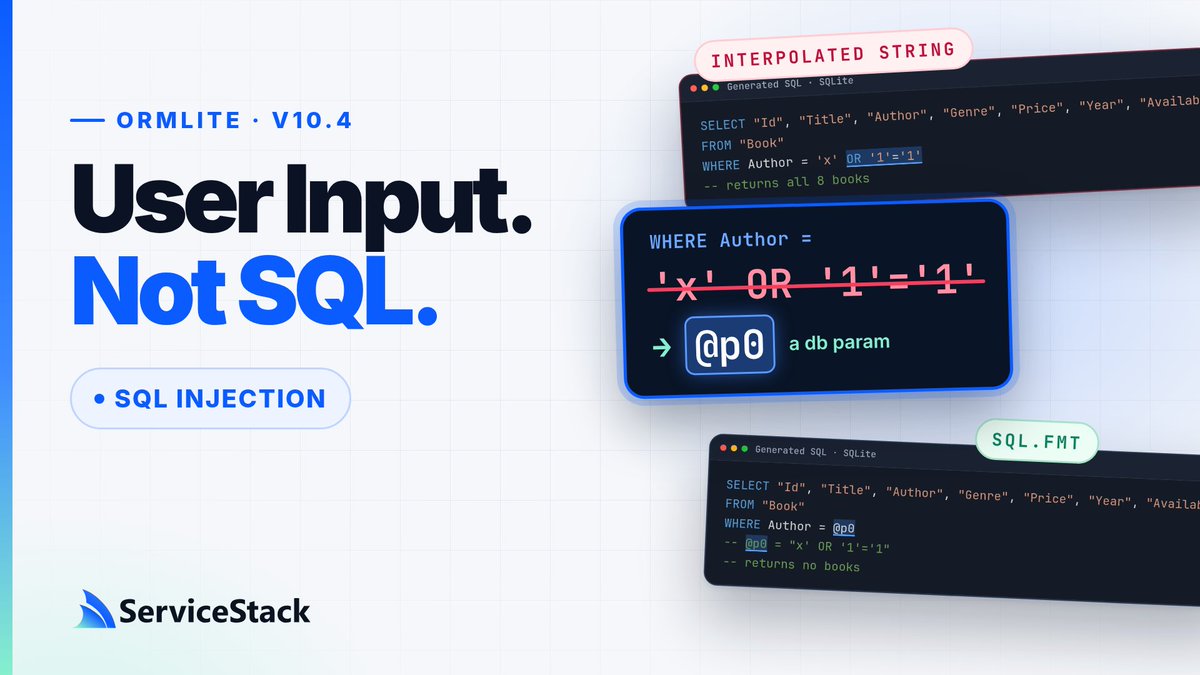 ServiceStack's tweet photo. Sql.Fmt also sends enums, numbers and dates as typed params, expands lists into IN lists, and works with every raw SQL API, sync or async.

📘 Sql.Fmt: https://t.co/eEQlW28HiG
📘 OrderBySafe: https://t.co/SlqmyrrE6w
📘 SQL injection: https://t.co/g42upLRICQ https://t.co/Nul3F6JaMl