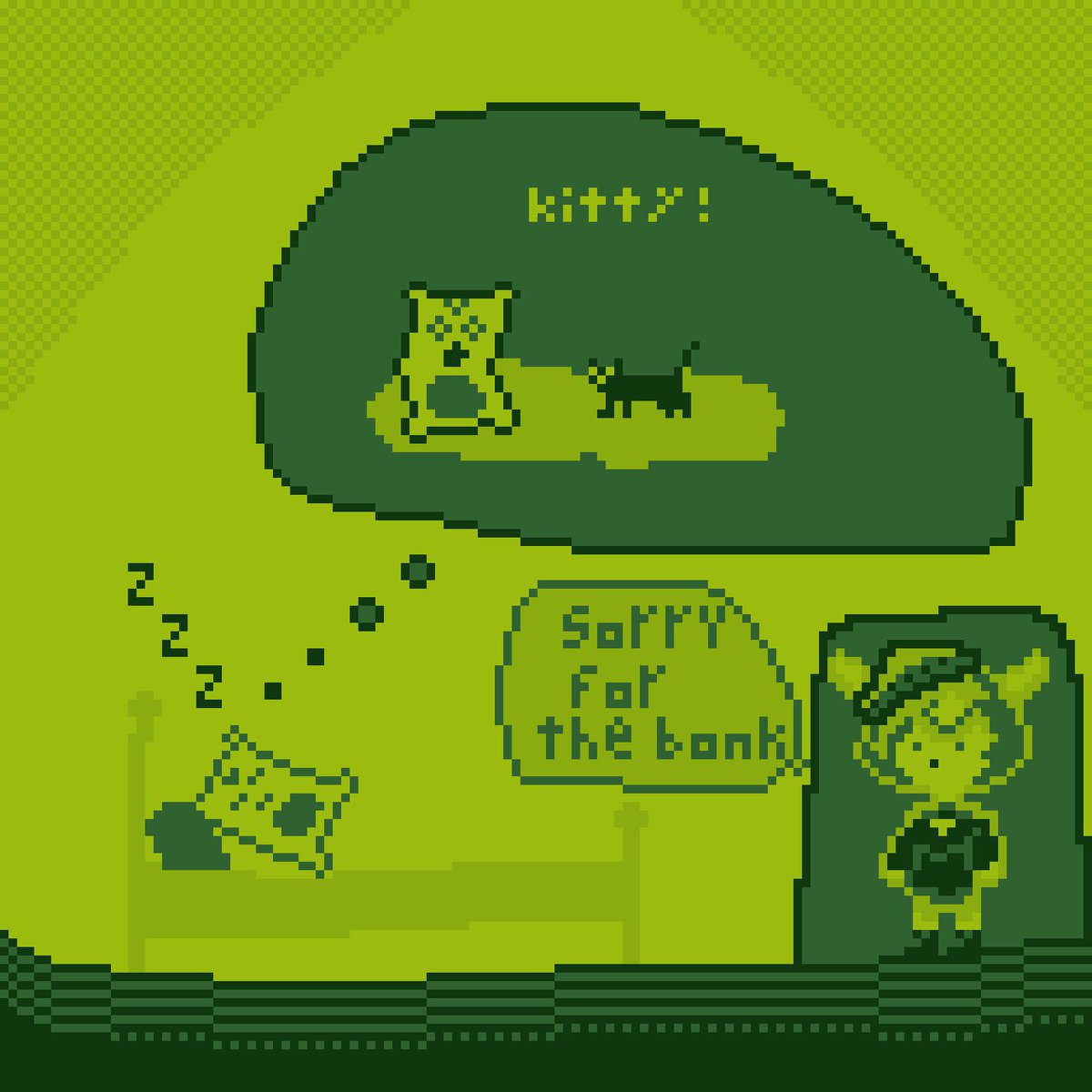 DjDog096's tweet photo. Day 12! (dreaming) *bonk!* I thought using a gameboy color palette would fit the theme really well. I also reused tiny pillow from a while back.
#PIWWOTOBER https://t.co/jszVbRMyuW