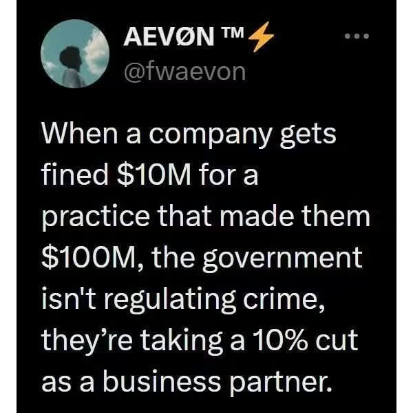 gwpro's tweet photo. #Cyical take, but is it wrong though?  #cronyism #fines #government #regulations #agenda #rigged #politics #optout https://t.co/dlZ61K6Hav