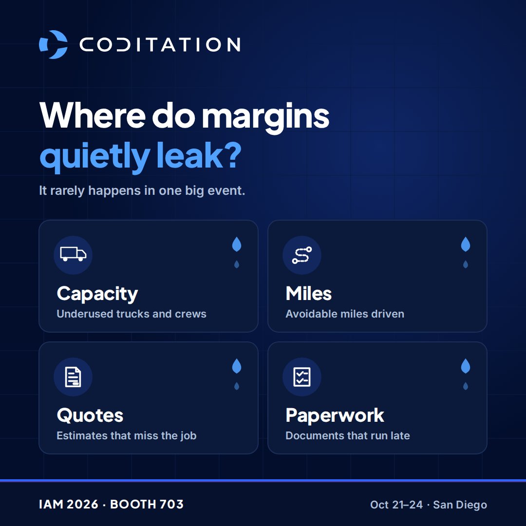 coditation's tweet photo. Margin leaks can hide in underused capacity, avoidable miles, inaccurate quotes, delayed paperwork and unresolved disputes.

We’re bringing 12 plug-and-play AI agents for moving &amp; storage workflows to IAM 2026.

Find Coditation at @IAMovers  Booth 703. https://t.co/tJREHKkDNW