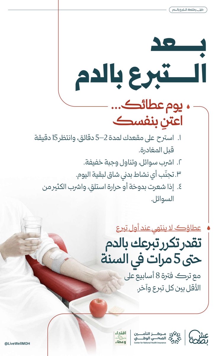 Abdullah_yw's tweet photo. لكل متبرع بالدم .. هنا ملخص سريع اللي تحتاج لمعرفته 🩸 

20 دقيقة من وقتك للعطاء، كفيلة بانقاذ حياة 3 اشخاص .. واللي يصير اليوم من ازدحام اماكن التبرع، والكل منتظر ويبي يعطي باللي يقدر والله ماهو غريب على وطن يزهو بالعطاء 🇸🇦❤️ https://t.co/E8l1IcdfTr