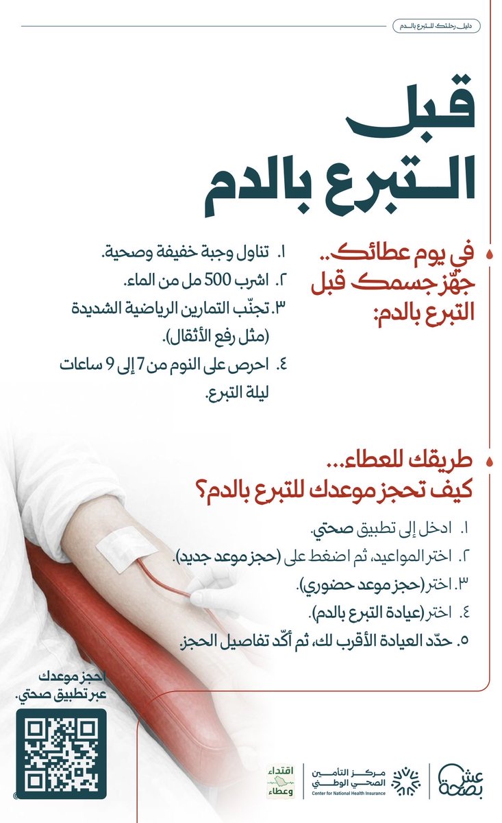 Abdullah_yw's tweet photo. لكل متبرع بالدم .. هنا ملخص سريع اللي تحتاج لمعرفته 🩸 

20 دقيقة من وقتك للعطاء، كفيلة بانقاذ حياة 3 اشخاص .. واللي يصير اليوم من ازدحام اماكن التبرع، والكل منتظر ويبي يعطي باللي يقدر والله ماهو غريب على وطن يزهو بالعطاء 🇸🇦❤️ https://t.co/E8l1IcdfTr