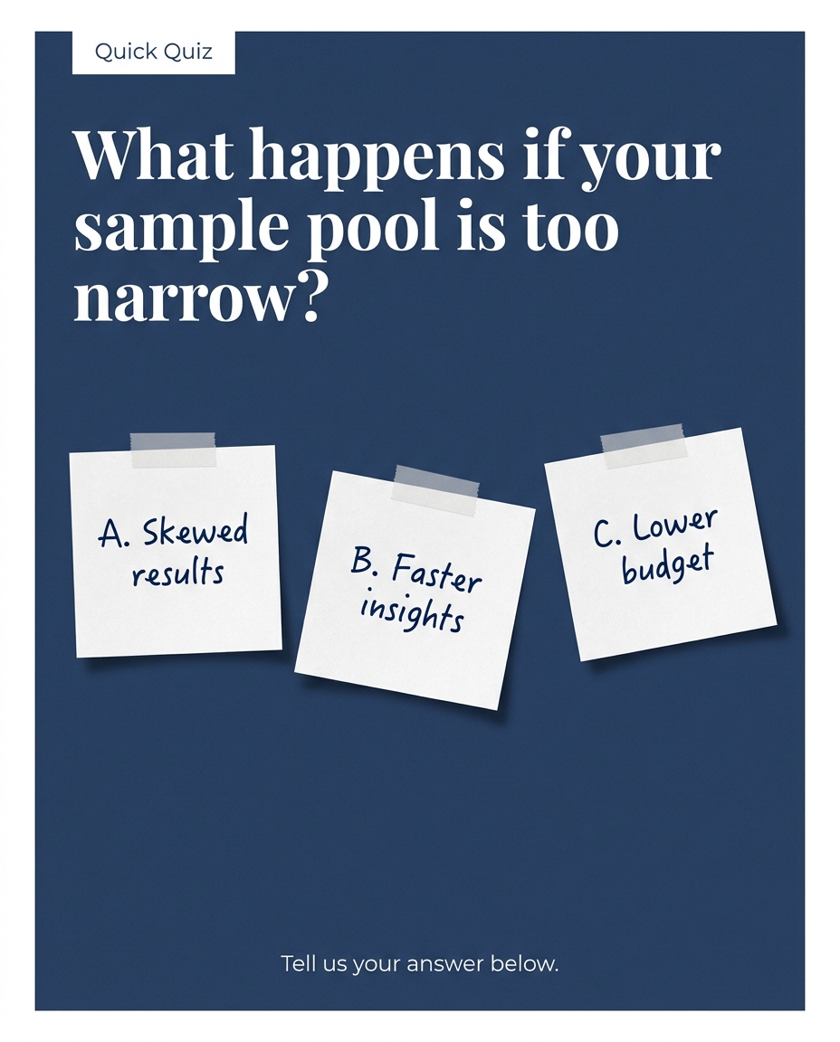 SampleAnswers's tweet photo. Can you spot the danger of a narrow sample pool? Efficiency shouldn't come at the cost of accuracy. Sample Answers challenges you to identify the risk of restricted sampling in today's quiz. Drop your answer (A, B, or C) below! 

#MRX #MarketResearch #Quiz #Data https://t.co/5HGV94LJMu