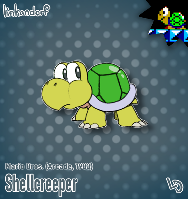 everymariochara's tweet photo. #27 - Shellcreeper

Mario Bros. (Arcade, 1983)

Koopa Troopa's ancestor... despite how similar their shells look to the common Koopa's, it is not recommended to spend hours of your life stomping on.... Shellcreepers. You will perish. https://t.co/oWB66Hcwc8