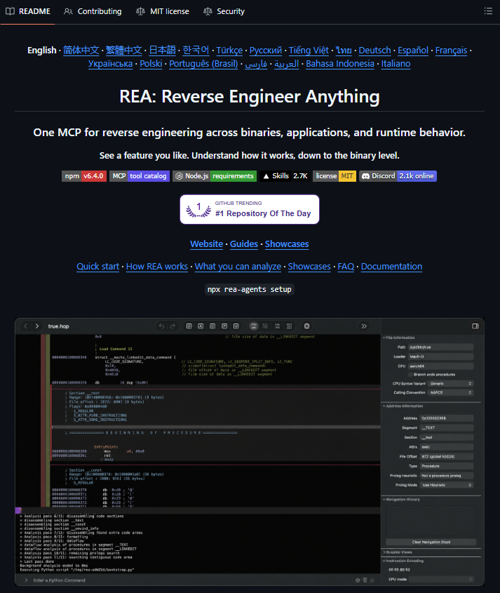 robiartec's tweet photo. CON 130K STARS, REA ES EL REPO QUE LE DA A TU AGENTE CAPACIDAD DE INGENIERÍA INVERSA SOBRE CUALQUIER BINARIO O APP

Ver una feature en una app y no poder entender cómo funciona por dentro siempre fue el límite de los desarrolladores sin acceso al código fuente. REA lo elimina.

→ Le preguntas a tu agente “¿cómo funciona X en esta app?” y lo investiga hasta el binario
→ Binarios nativos, apps Electron, JavaScript, .NET, Android APKs, firmware y más
→ Devuelve pseudocódigo, assembly, módulos, imports y las evidencias detrás de cada conclusión
→ Se conecta a Ghidra, Hopper o IDA si los tienes instalados
→ Compatible con Claude Code, Codex, Cursor, Gemini CLI y Grok Build
→ Un comando para instalarlo: npx rea-agents setup
→ 130k stars, 29k forks, MIT

Lo que antes requería años de experiencia en reversing, ahora es una conversación con tu agente.

repoo en el primer comentario