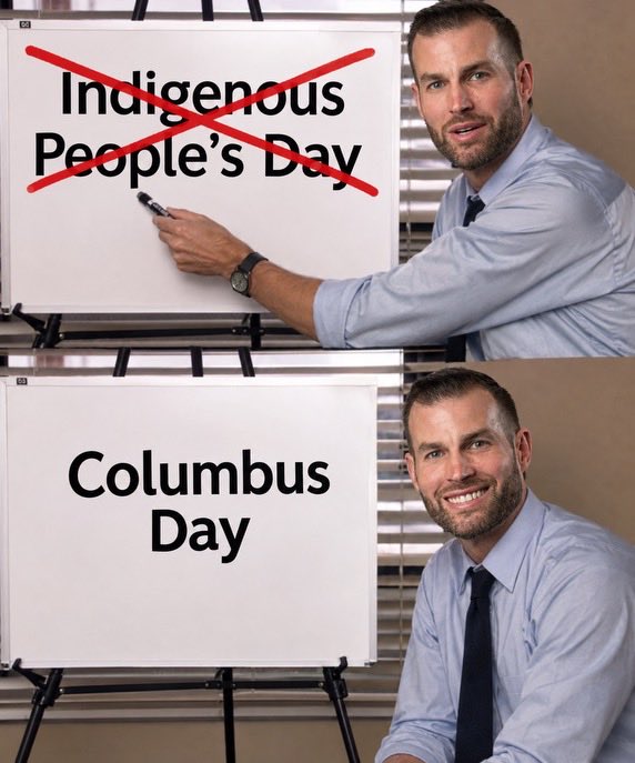 A two-panel image shows a man beside presentation boards. In the top panel, he crosses out a phrase on the board with a red X; in the bottom panel, the board displays a different holiday name. Text appears on both boards.