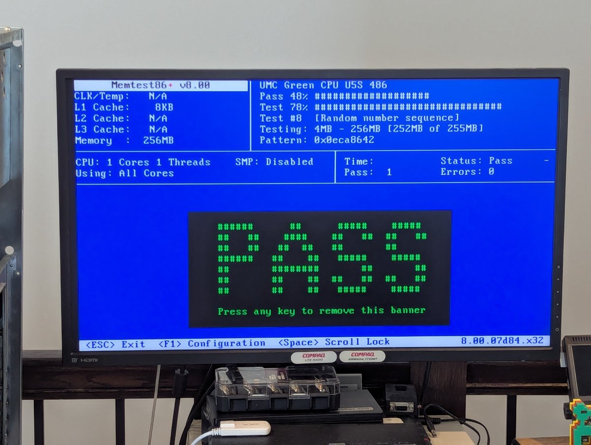 RetroTechChris's tweet photo. Oh heck yeah! This test took a long time to run, I let it run overnight 🤣. 256MB of memory...in a 486 😂 https://t.co/QOXwN9Mgf7