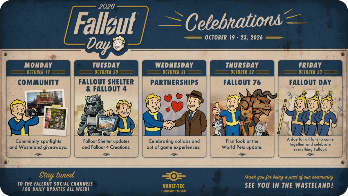 Fallout's tweet photo. Join us October 19–23 for our #FalloutDay Celebrations!

This year, we’re celebrating Fallout Day a little differently. While there won’t be a live broadcast, we’ll have something new to celebrate each day across our social channels, including YOU, the community, rad partnerships, existing Fallout titles, and a first look at the Fallout 76 World Pets update.
