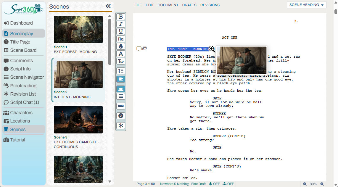 Talentville's tweet photo. Does your screenwriting software let you illustrate your scenes and have them show up right in the script so readers can see the action as they read the words?  Script 360 does! https://t.co/nLDu5q7Ppe https://t.co/bzxkWMbK5G