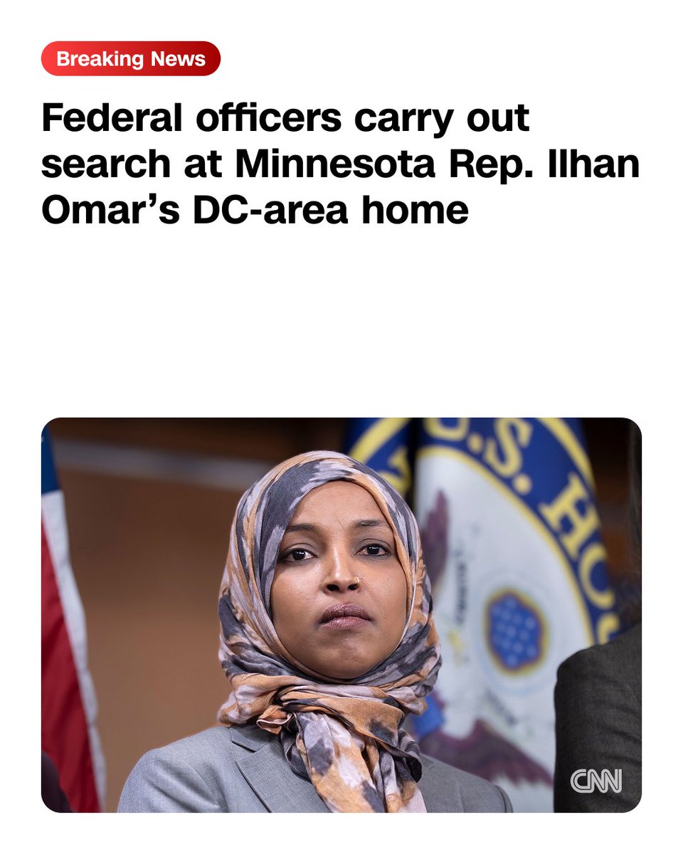 cnnbrk's tweet photo. Federal officers carry out search at Minnesota Democratic Rep. Ilhan Omar's DC-area home as part of an "ongoing federal criminal investigation." https://t.co/dVcCQ3Bivw https://t.co/Dgnx2OR1yo