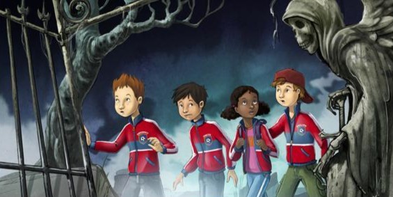 cillustrators's tweet photo. If you spotted that skeletal statue looming by the gate like these kids by Juan Manuel Moreno (rep'd by @mela_mbartists), would you turn back or keep going?  🌙🪦✨

Check out this artist's #portfolio 👉 https://t.co/DXgI9aeocP

#childrensillustrators #childrensbooks #kidlitart https://t.co/RzNMGSQDJ6