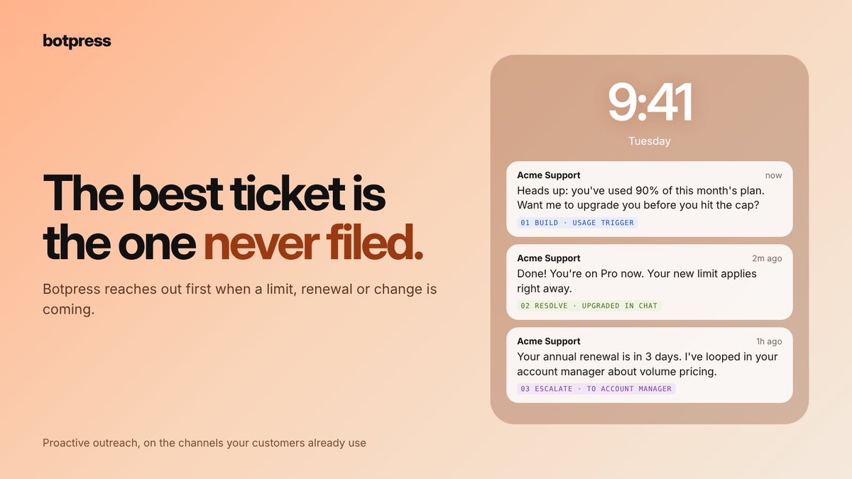 usebotpress's tweet photo. The best support ticket is the one nobody had to file.

Botpress agents reach out first: a plan limit coming up, a renewal due, an order change. They can fix it right in the chat, or bring in the right person.

https://t.co/tHP41YAESo https://t.co/QIeqfTOrsN