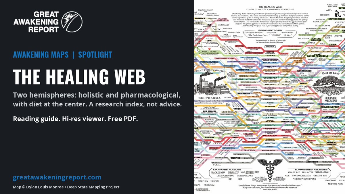 Awakeningr72272's tweet photo. Two systems of medicine on one canvas. Dylan Louis Monroe's Healing Web maps holistic and pharmacological remedies with diet at the center. Reading guide, hi-res viewer, free PDF. Not medical advice.

https://t.co/GqyhSMbQzC

Map © Dylan Louis Monroe / Deep State Mapping Project https://t.co/7qnXmp2VvT