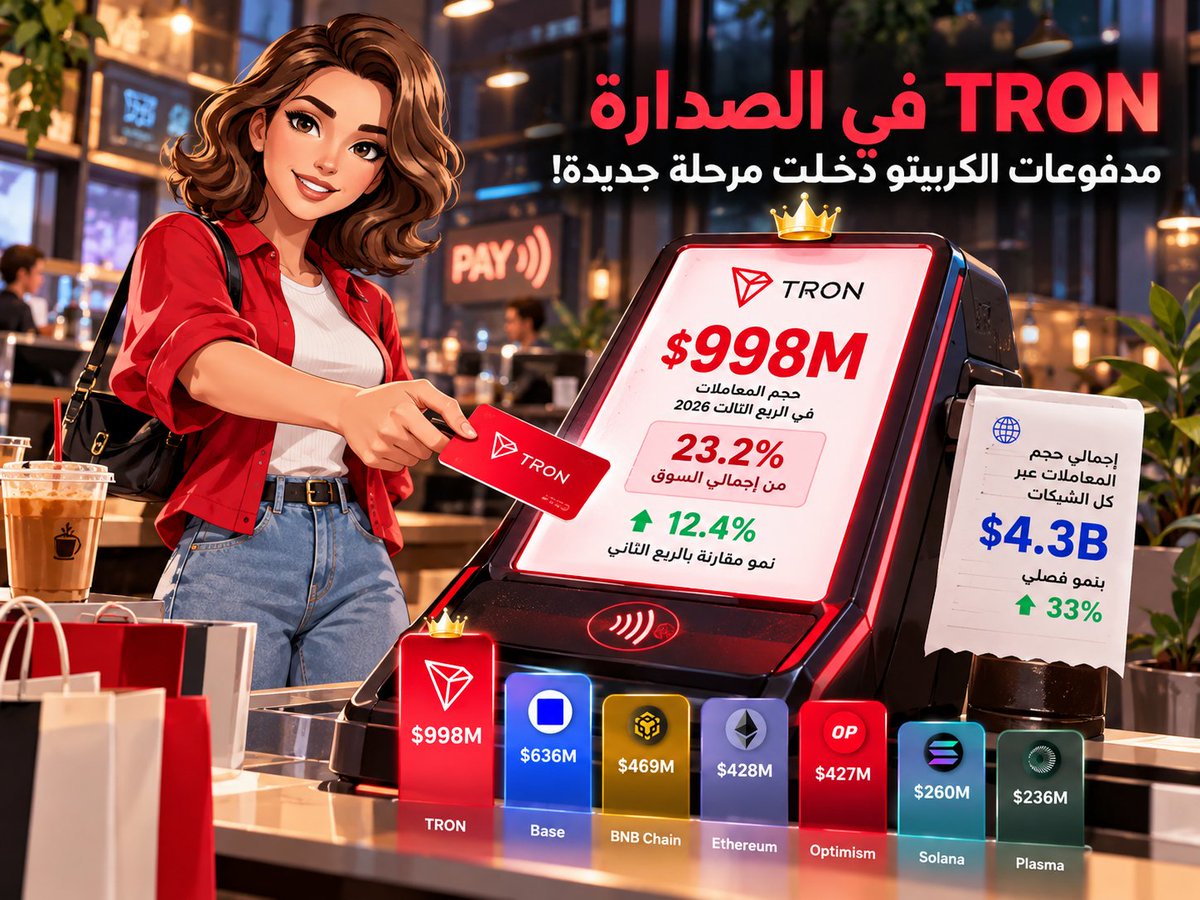 Yasmeen07765101's tweet photo. الكريبتو بدأ يخرج من شاشة التداول ويدخل في ماكينة الدفع وTRON في الصدارة 💳🔥

تخيل إنك بتدفع بكارت مرتبط بعملات مستقرة، وفي الخلفية فيه شبكة بلوكتشين بتساعد في تحريك المدفوعات دي 👀

هنا بقى تظهر قوة #TRON اللي تصدرت الشبكات عالميًا في حجم معاملات بطاقات العملات المستقرة خلال الربع الثالث من 2026، بحسب CryptoRank

🥇 المركز الأول بحصة سوقية 23.2%
💰 معاملات بقيمة 998 مليون دولار
📈 نمو فصلي بنسبة 12.4%

وده في سوق تجاوزت معاملاته 4.3 مليار دولار خلال 3 شهور بس

الجميل في الموضوع إن المنافسة مبقتش بس مين أسرع أو مين رسومه أقل، لكن كمان مين شبكتة بتدخل أكتر في استخدامات الدفع الفعلية

ومع توسع بطاقات العملات المستقرة، TRON بتثبت حضورها في واحدة من أهم ساحات المنافسة الجديدة للكريبتو 🚀

#TRONGlobalFriends #TRON #TGF