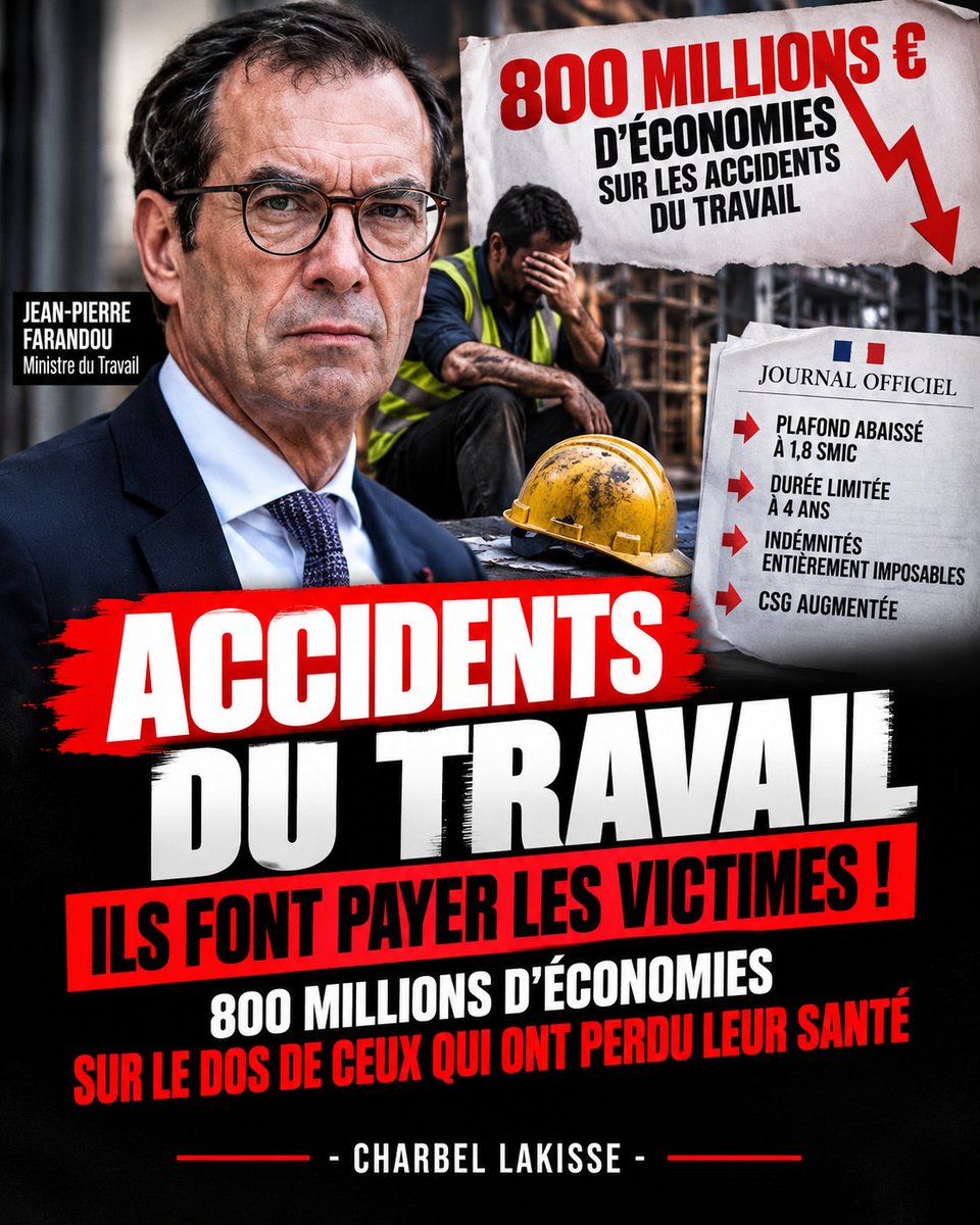 charbofficiel's tweet photo. 🚨 ACCIDENTS DU TRAVAIL : UNE HONTE ABSOLUE ! 🇫🇷

Le gouvernement veut économiser 800 millions d’euros sur les indemnités des salariés victimes d’accidents du travail ou de maladies professionnelles !

Dès le 1er novembre, les indemnités seront plafonnées à 1,8 Smic. Dès janvier 2027, leur durée sera limitée à 4 ans.

Et ce n’est pas fini ! Le gouvernement envisage aussi de les imposer entièrement et d’augmenter la CSG !

Même les syndicats et le patronat avaient appelé à la prudence.

Franchement, aller chercher des économies sur des gens qui ont perdu leur santé au travail, c’est une honte absolue !

Source : AFP / https://t.co/yaES2LAPl4, Éditions Tissot, octobre 2026.

#AccidentsDuTravail #SécuritéSociale #Budget2027 #France