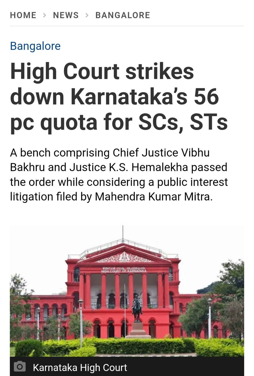 neha_laldas's tweet photo. ‼️ Breaking News‼️
Karnataka High Court has quashed state's 56% reservation policy.
The Court has cancelled the decision to raise the reservation for SC/ST to 24%..

FYI, It was BJP govt, which had increased reservation based on HN Nagamohan Das committee report.

#BJPAgainstGC https://t.co/ogvqbxKKBT