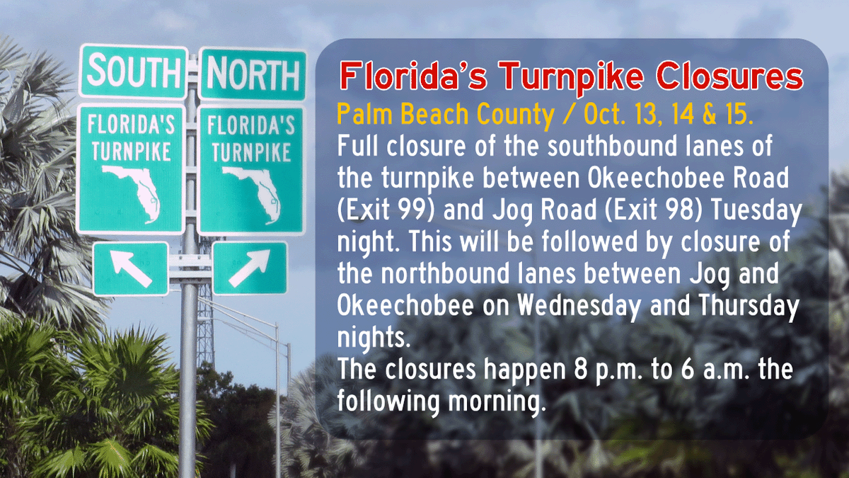 turnpikeinfo's tweet photo. 🚨Watch out for the overnight closure of Florida's Turnpike in West Palm Beach this week between Jog Road and Okeechobee Boulevard (Exits 98 & 99). The southbound lanes close overnight Tuesday, then the northbound lanes close Wednesday and Thursday night. Closures start at 8 p.m. and end the following morning at 6 a.m. 🚧🚧🚧