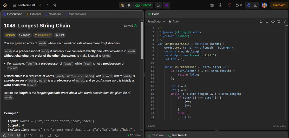Zaryab_005's tweet photo. Day 310 of DSA

Revised:

Longest String Chain
Build Array Where You Can Find The Maximum Exactly K Comparisons
Cherry Pickup
Cherry Pickup II

Consistency over perfection. One day at a time.

#DSA #DynamicProgramming #LeetCode #100DaysOfCode #SoftwareEngineering https://t.co/PHTGYIWB8v