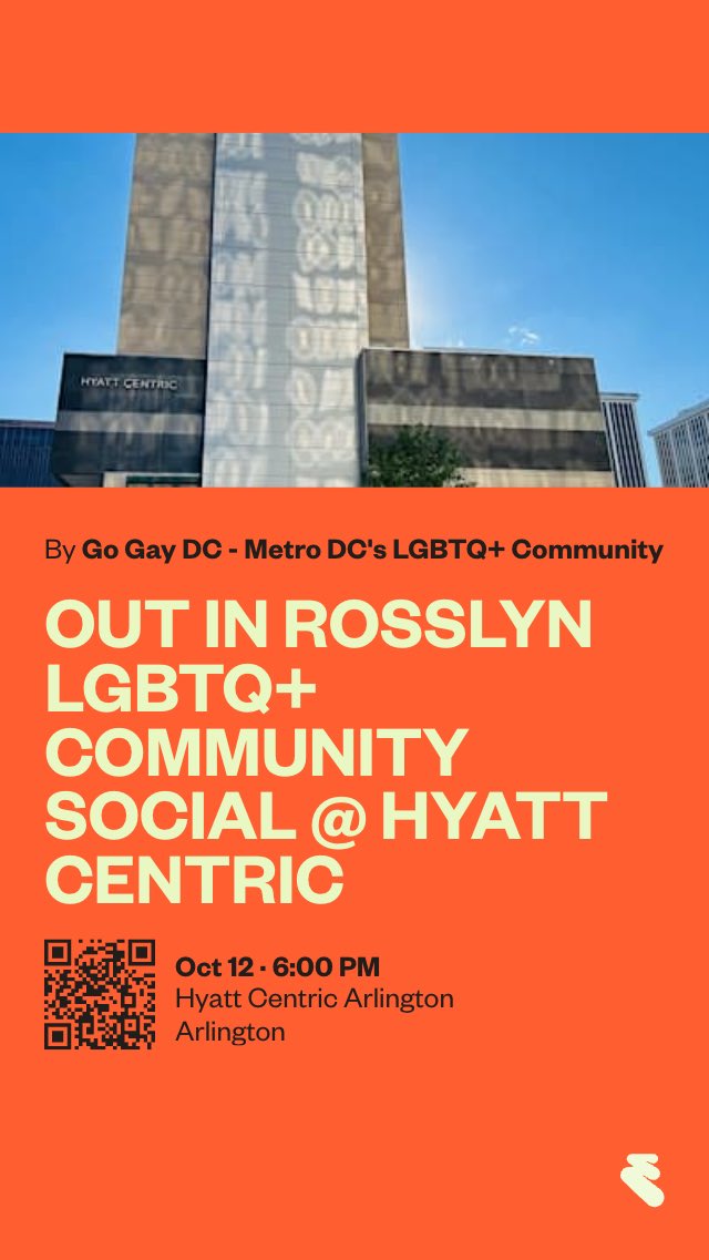 GoGayDC's tweet photo. Tonight October 12 from 6-9 pm there is an exciting LGBTQ+ happy hour at Hyatt Centric Arlington hotel in downtown Rosslyn, Rosslyn Metro stop is located a block away. Street parking is free on the Federal holiday. Look for the Go Gay DC sign. RSVP @ https://t.co/YeL7Hvoas7 https://t.co/QKSWjwzJLi