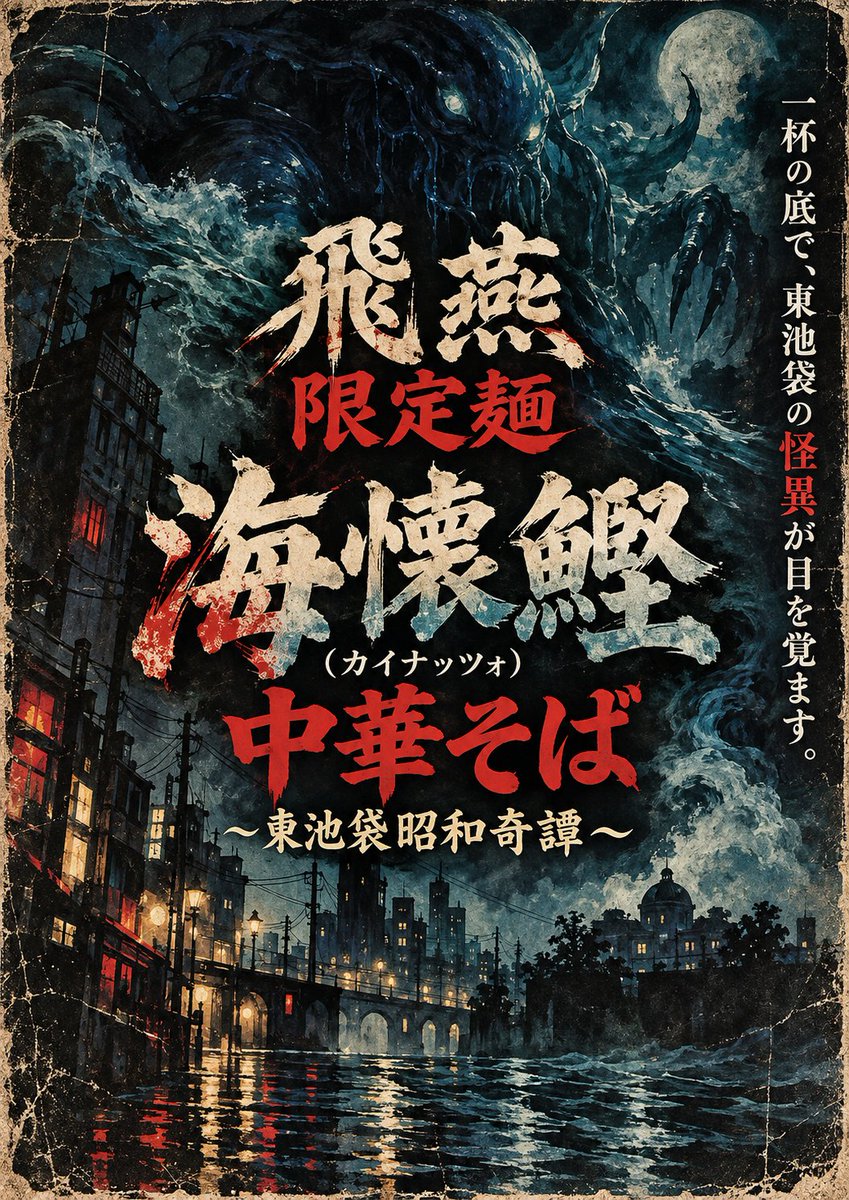 mkr_gekko's tweet photo. 飛燕の限定「海懐鰹（カイナッツォ)中華そば〜東池袋昭和奇譚〜」はお陰様で大好評。材料尽き次第あと二、三日で終わります。まだお試しでない方はお早めにどうぞ。ちなみに元ネタを言い当てた方は依然として東ラボ所長のみ。おっかねえオッサンだwwwラーメンオバケかwww次は「豚頭骨味噌良味（スカルミリョーネ）中華そば〜東池袋裏路地案内〜」です。現代的な洗練された味噌ラーメンではなく、クソダサい昔の味の味噌ラーメンを想定してましたが、なんか妙に独創性のあるモノに仕上がる可能性が出てきました。現状進捗率20%ぐらい。まあ美味しく仕上げますのでご期待ください。フシュルルル…。