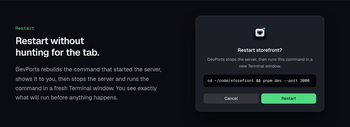 nykdotdev's tweet photo. closed the tab that ran the dev server and the flags went with it. --port 3000 or 3001?
devports rebuilds the command from the running process, shows it first, then restarts it in a fresh terminal window.
env vars don't come along, so exports belong in project config. https://t.co/RYdl8YuQH6