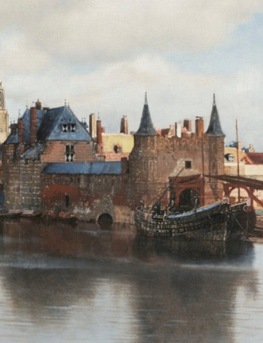 RembriBarrocho's tweet photo. Uno de los detalles más impresionantes de la Vista de Delft de Vermeer son los diminutos puntos de pintura en el casco del barco que está cerca de la Puerta de Róterdam. 

Vistos desde la distancia sugieren el reflejo del agua cristalina. https://t.co/45lCw0qiic