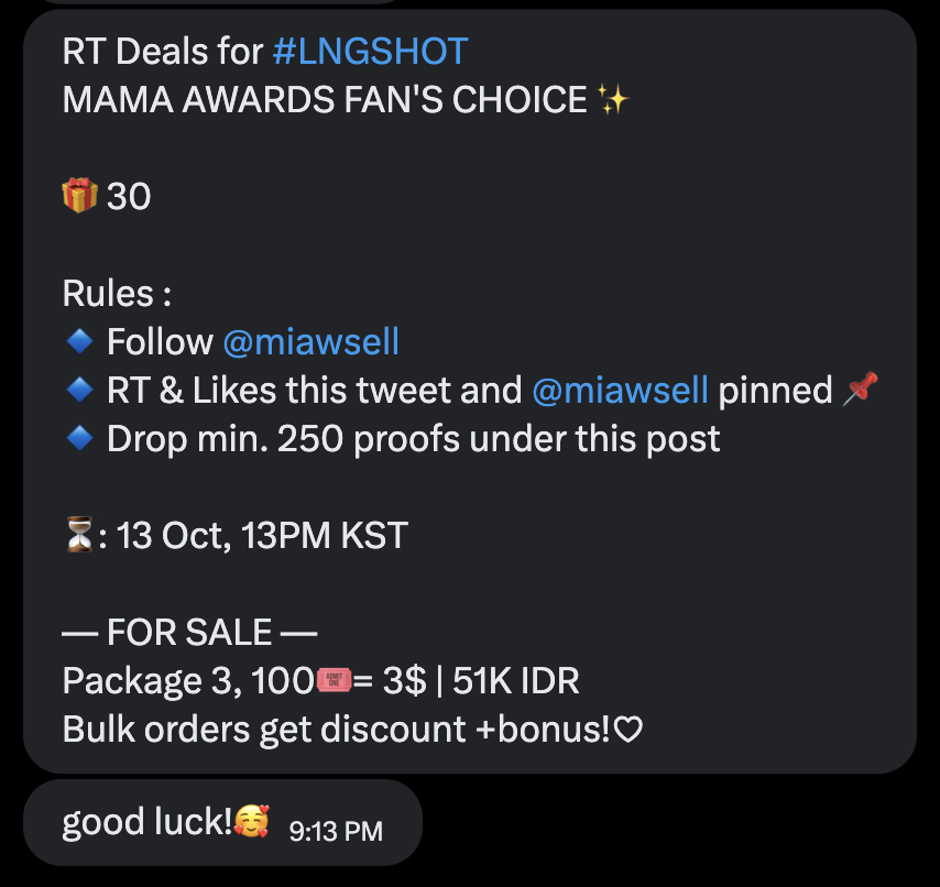 rizzyul's tweet photo. RT Deals for #LNGSHOT
MAMA AWARDS FAN'S CHOICE ✨

🎁 30

Rules :
🔹 Follow @miawsell
🔹 RT &amp; Likes this tweet and @miawsell pinned 📌
🔹 Drop min. 250 proofs under this post

⏳: 13 Oct, 13PM KST

— FOR SALE —
Package 3, 100🎟️= 3$ | 51K IDR
Bulk orders get discount +bonus!♡ https://t.co/NbxCxJcf7a