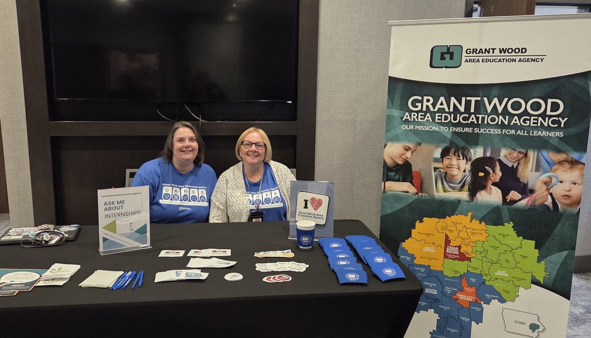 GrantWoodAEA's tweet photo. Last week, GWAEA speech leads Lynda Lanus and Vicki Girard attended the 2026 ISHA Convention in Coralville! They connected with SLPs and graduate students from across Iowa to share how GWAEA supports students and explore future career opportunities. 🌟 https://t.co/PizJpQzWln