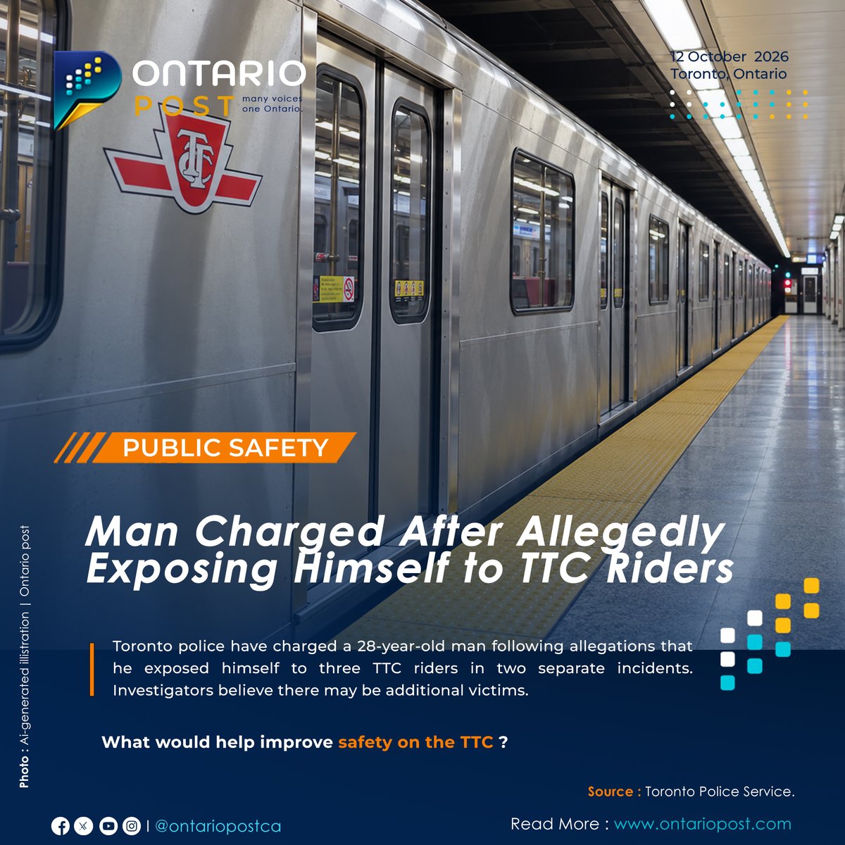 TheOntarioPostM's tweet photo. Man Charged After Allegedly Exposing Himself to TTC Riders

Read more : https://t.co/tfgnVGlizj

Source: Toronto Police Service.

#Toronto #TTC #TorontoPolice #PublicSafety #TransitSafety https://t.co/O9SVJ3M5i5