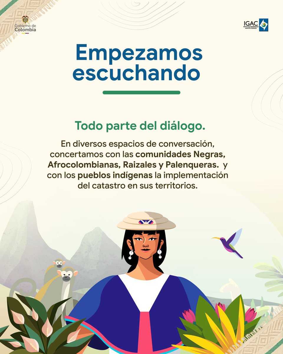 igacColombia's tweet photo. En el Día de la Diversidad Étnica y Cultural celebramos la riqueza de los pueblos étnicos de Colombia y sus formas propias de gobernanza. 🇨🇴

¿Cuál ha sido el compromiso del IGAC en el reconocimiento de la interculturalidad y los saberes de las comunidades en la gestión de sus territorios? 

Desliza y conócelo🤓➡️